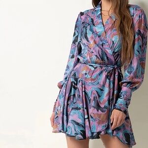 NWT Tart Collections ‘Glenna’ Blue & Purple Abstract Marble Print Wrap Dress S
